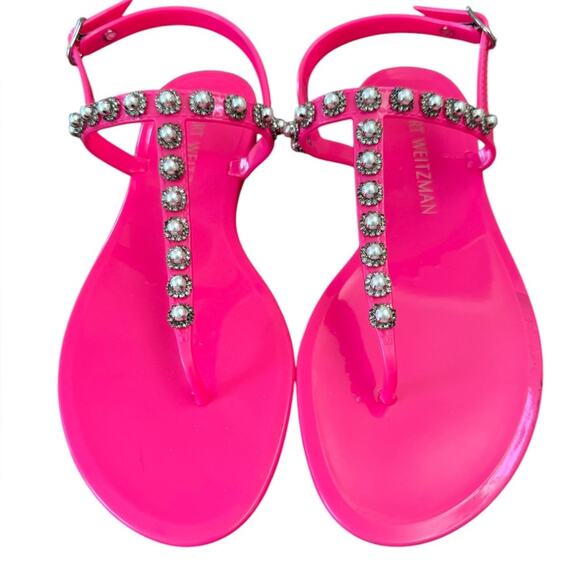 Stuart Weitzman Goldie Pearl Crystal Jelly Sandal Neon Pink - Sz 9 - Picture 5 of 7